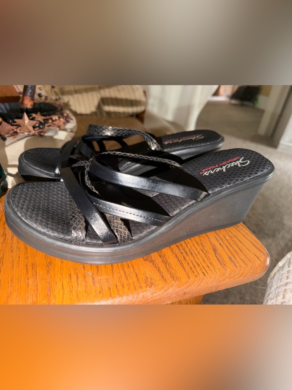 Skechers Black Wedge Sandals with Crisscross Straps